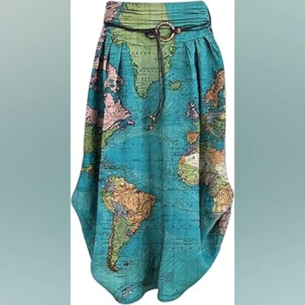 Turquoise Blue Skirt Vintage World Map Painting Print Skirt No Belt (check size)